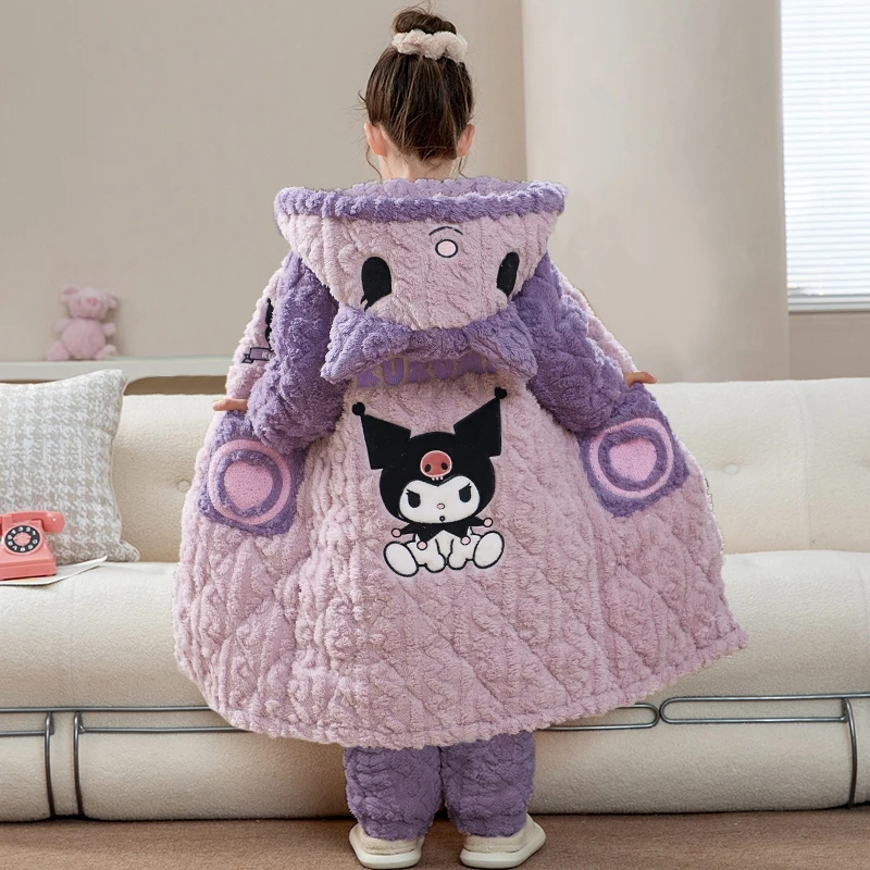 女童睡衣三层夹棉睡袍冬季加绒加厚珊瑚绒大童冬款儿童家居服套装