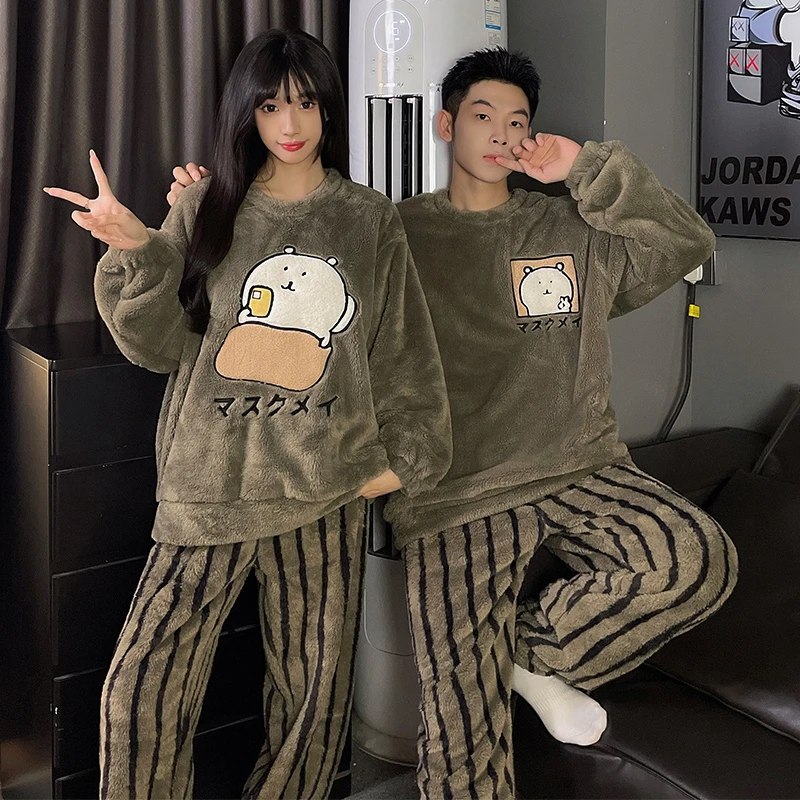 珊瑚绒情侣睡衣女秋冬加厚卡通男生大码法兰绒套头家居服套装保暖