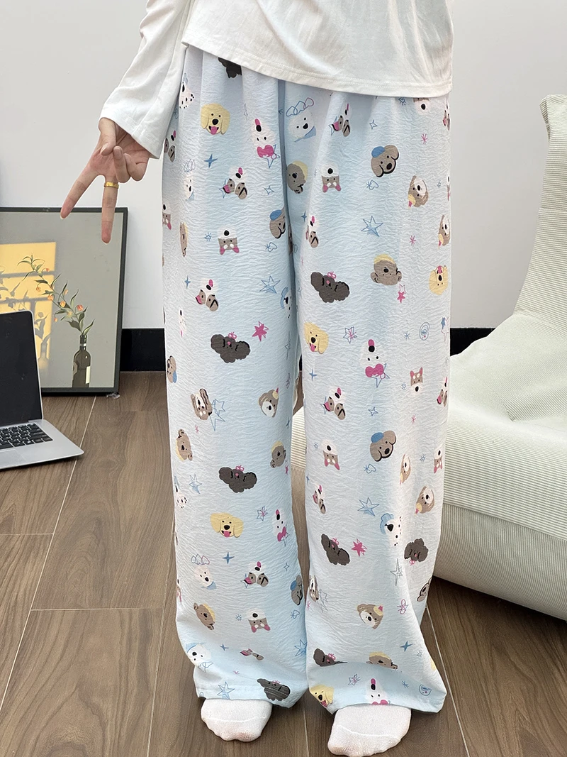 春夏季云朵棉可爱蓝底小狗家居裤睡裤可外穿裤子卡通休闲裤遛弯裤