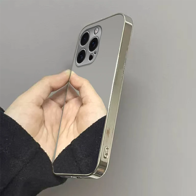 高级镜面化妆镜手机壳适用苹果16pro/15PROMAX/13电镀银直边防滑