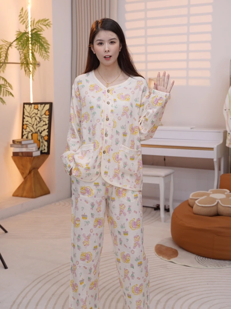 【纯棉】2025春款女士款舒适时尚纯棉睡衣可外穿长袖家居服薄款YR