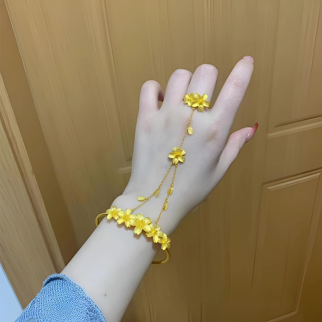 铜合金手镯 黄金色樱花手镯戒指复古宫廷夏季女款百搭高颜值配饰