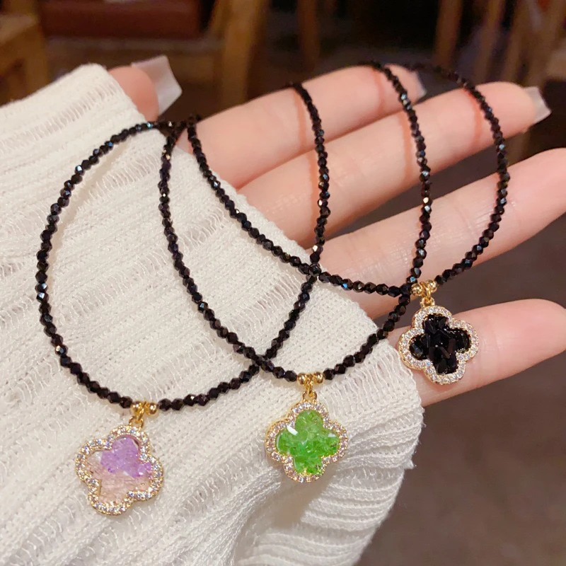 铜项链 精品/甜酷气质时尚简约水晶四叶花项链小众轻奢设计锁骨链