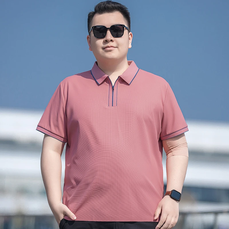 冰丝凉感短袖polo衫男大码半拉链领上衣男士加肥大码夏装半袖T恤