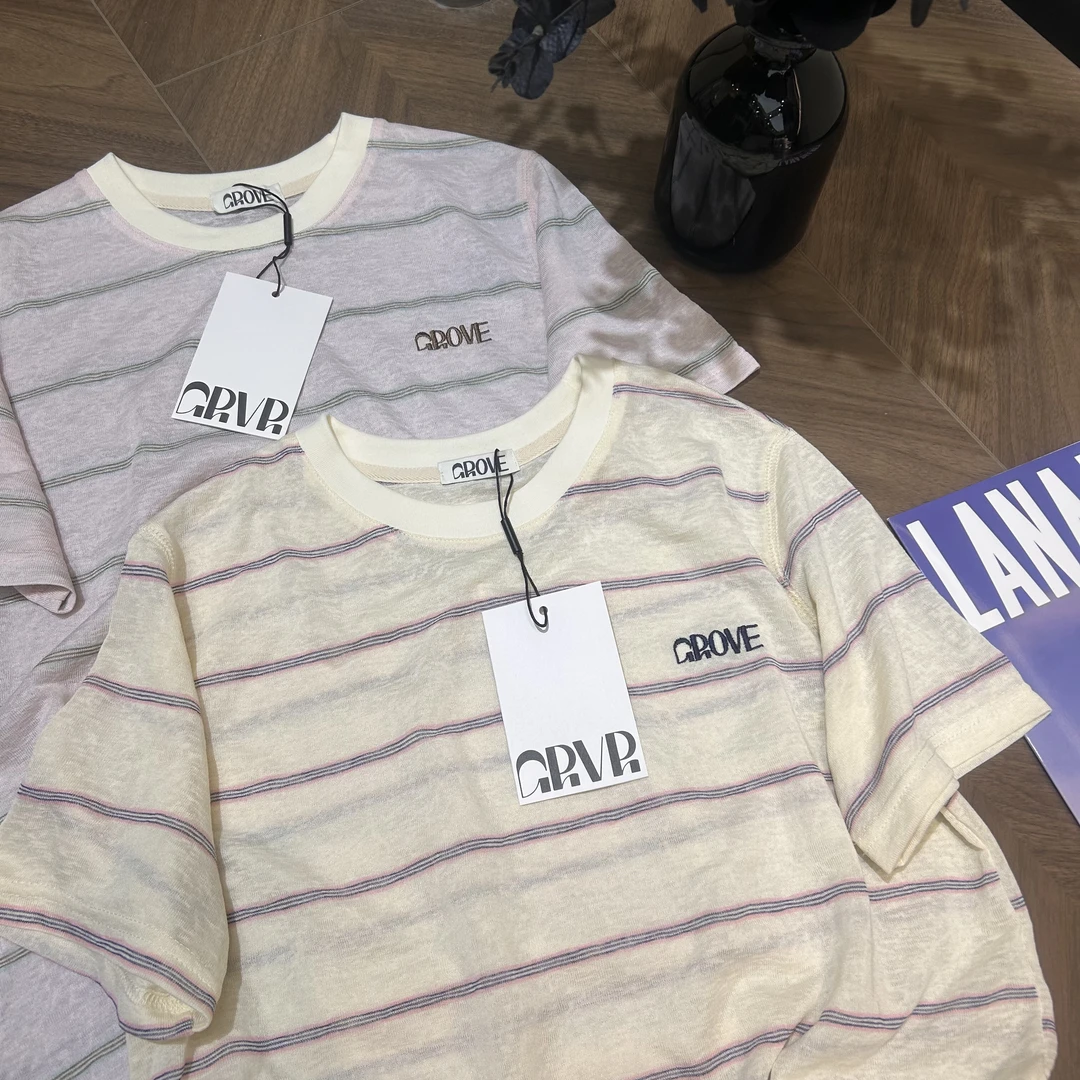 程程甄选 韩系经典条纹撞色领字母休闲T恤短袖25312