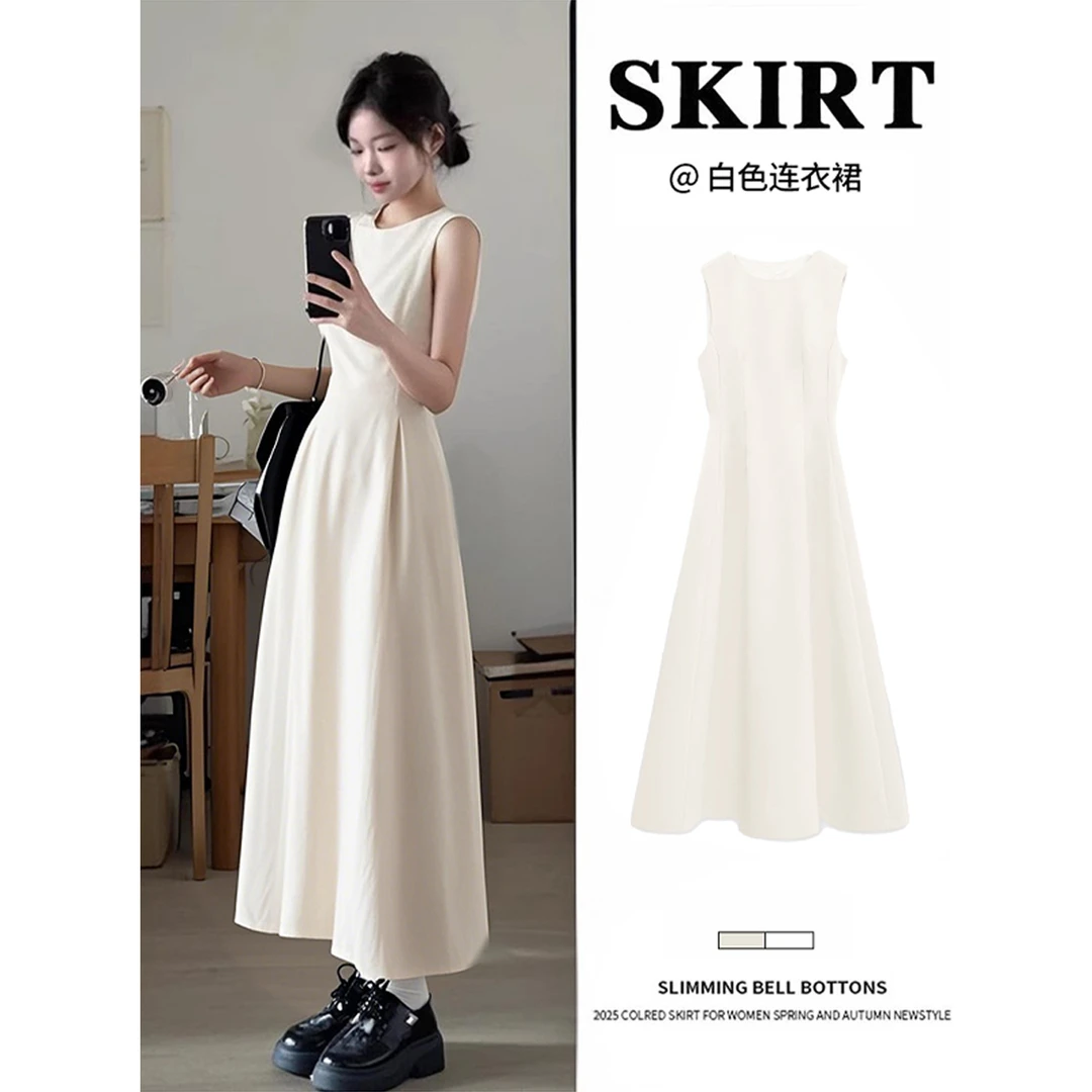 白色绝美赫本风长裙无袖掐腰连衣裙女白月光初恋长款小白夏日穿搭