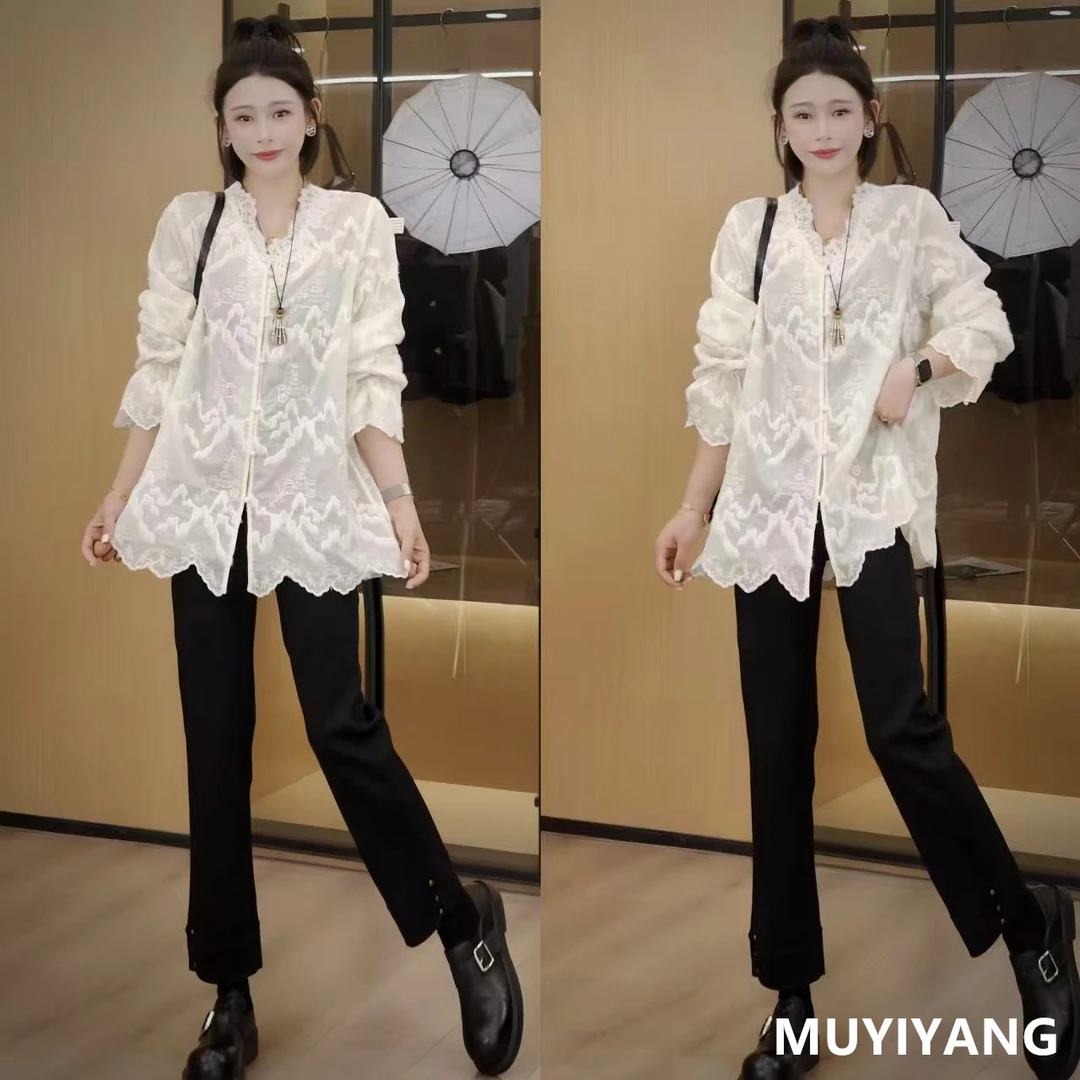 【空白】小众高级感V领刺绣拼接蕾丝高定衬衫 衣长69 25-478#