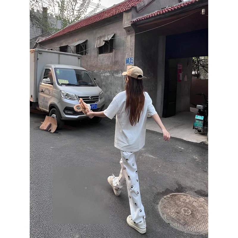 可爱小狗脚印白色裤子女夏季薄款2025新款爆款宽松直筒休闲阔腿裤