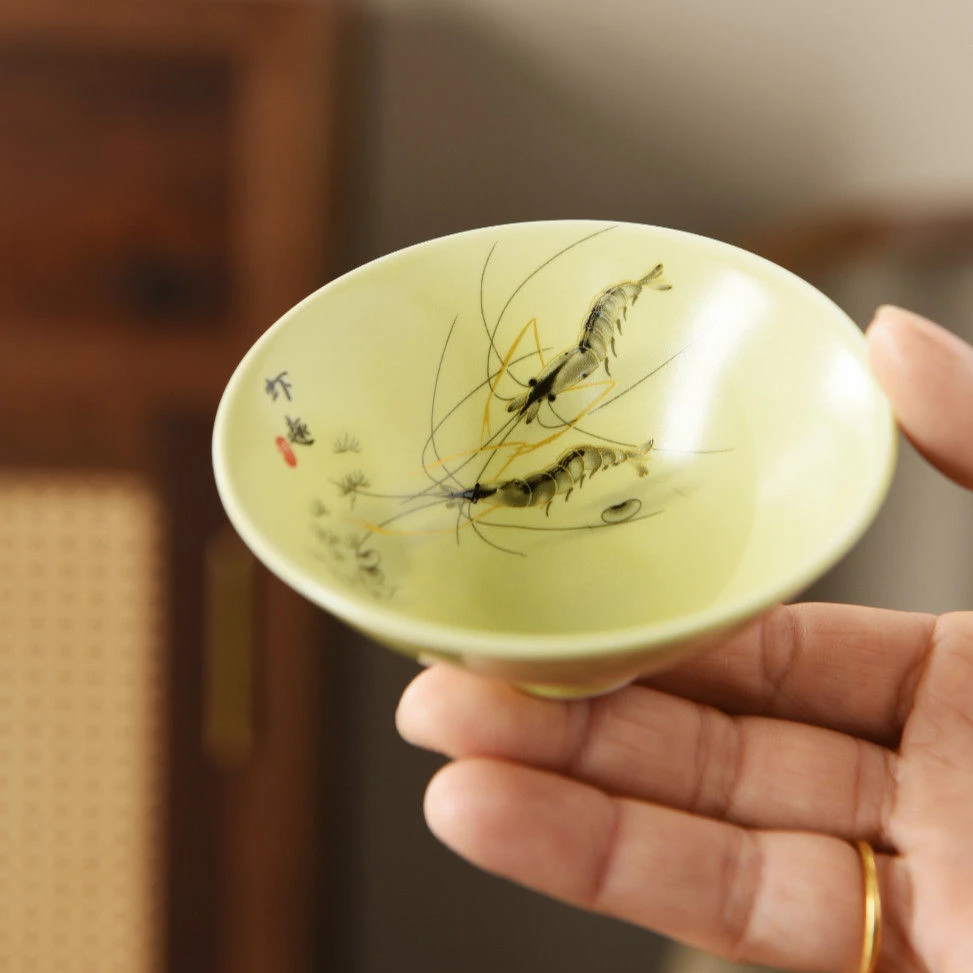 虾趣斗笠杯创意主人杯家用陶瓷黄色手绘茶杯单杯茶具大号