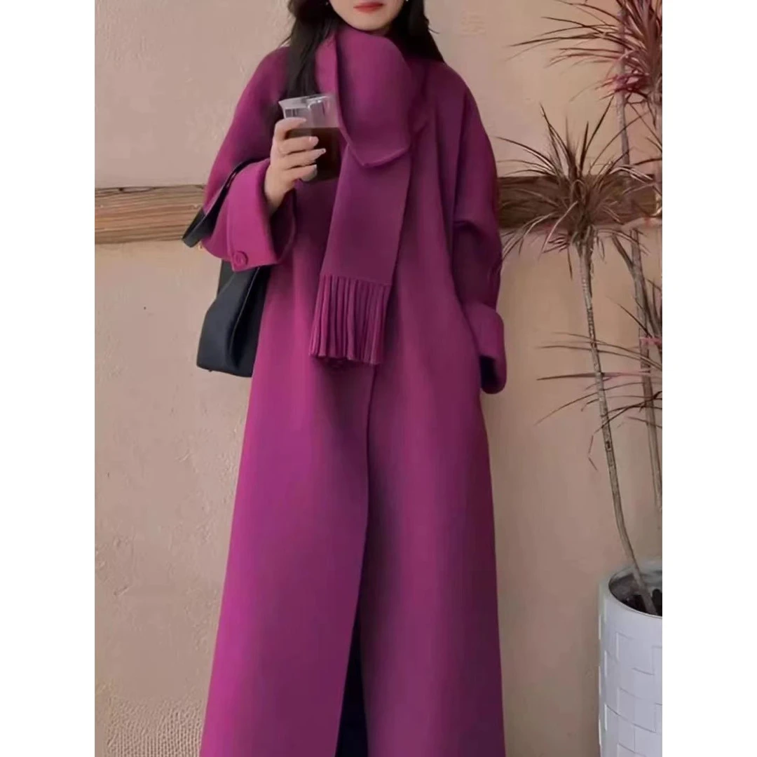 高端双面羊毛大衣圆领围巾小个子女赫本风中长款毛呢外套2025新款