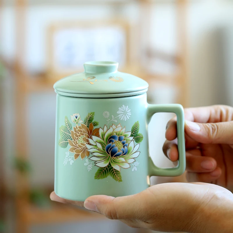 牡丹天青汝窑陶瓷茶杯带盖过滤茶水分离杯办公杯个人专用喝茶水杯