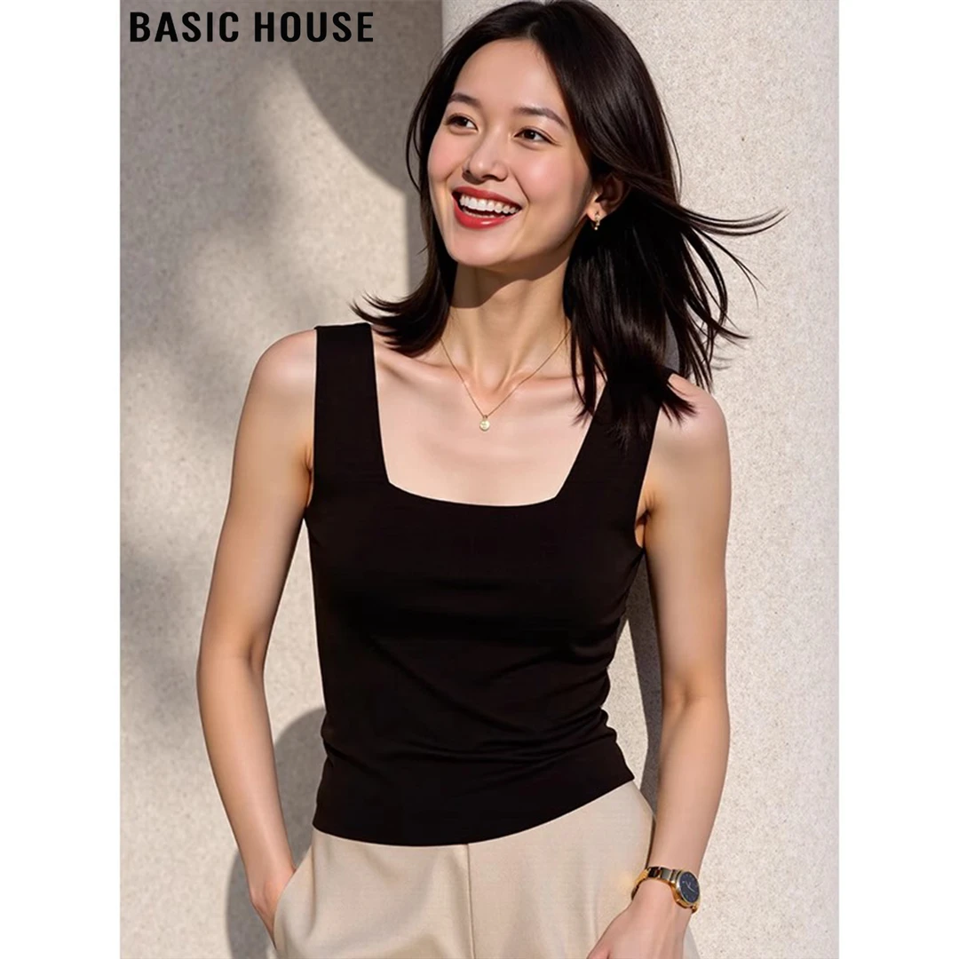 Basic House/百家好外穿冰丝薄款针织吊带背心女春夏方领修身上衣