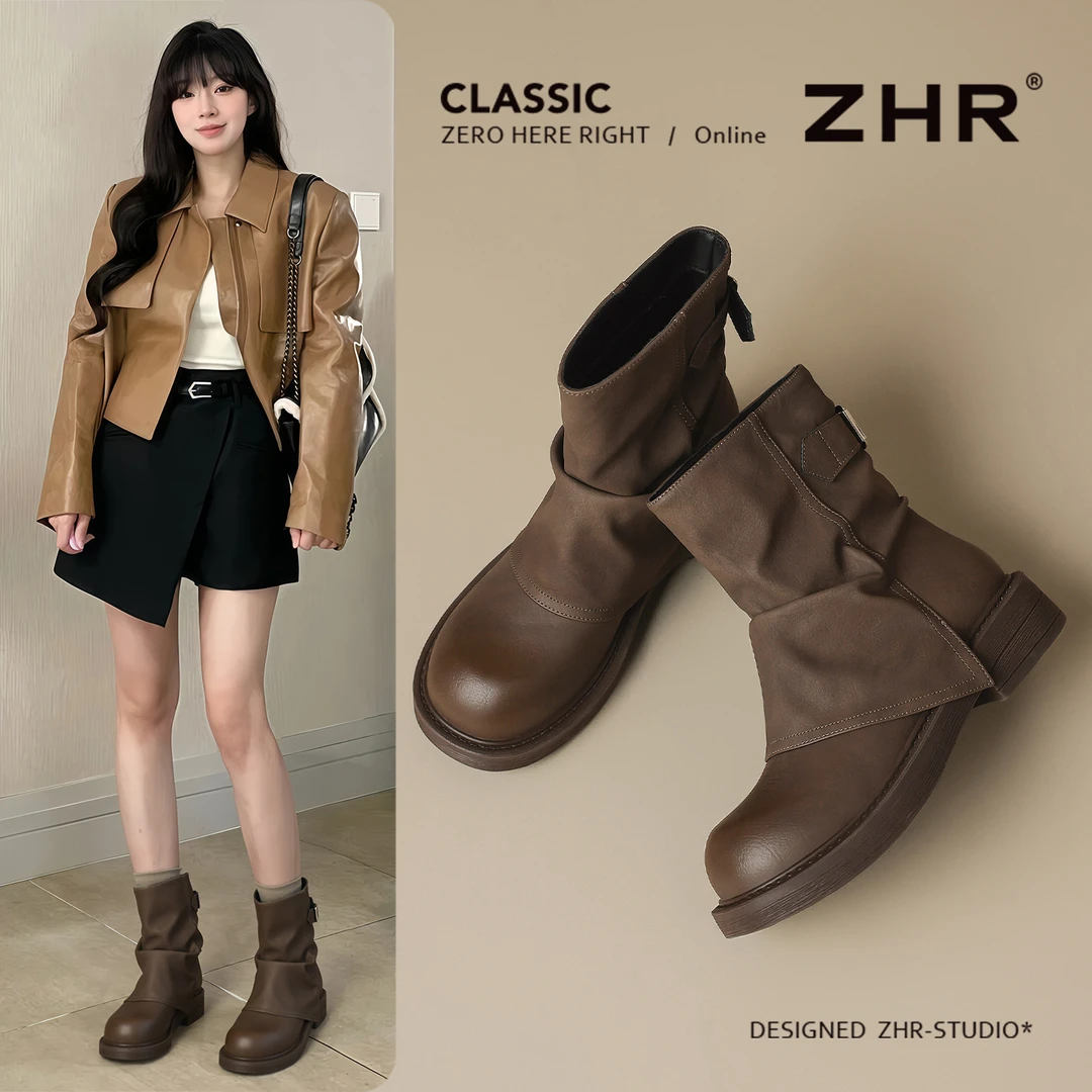ZHR西部骑士靴堆堆短靴女2025新款秋季美拉德裤管靴子厚底马丁靴