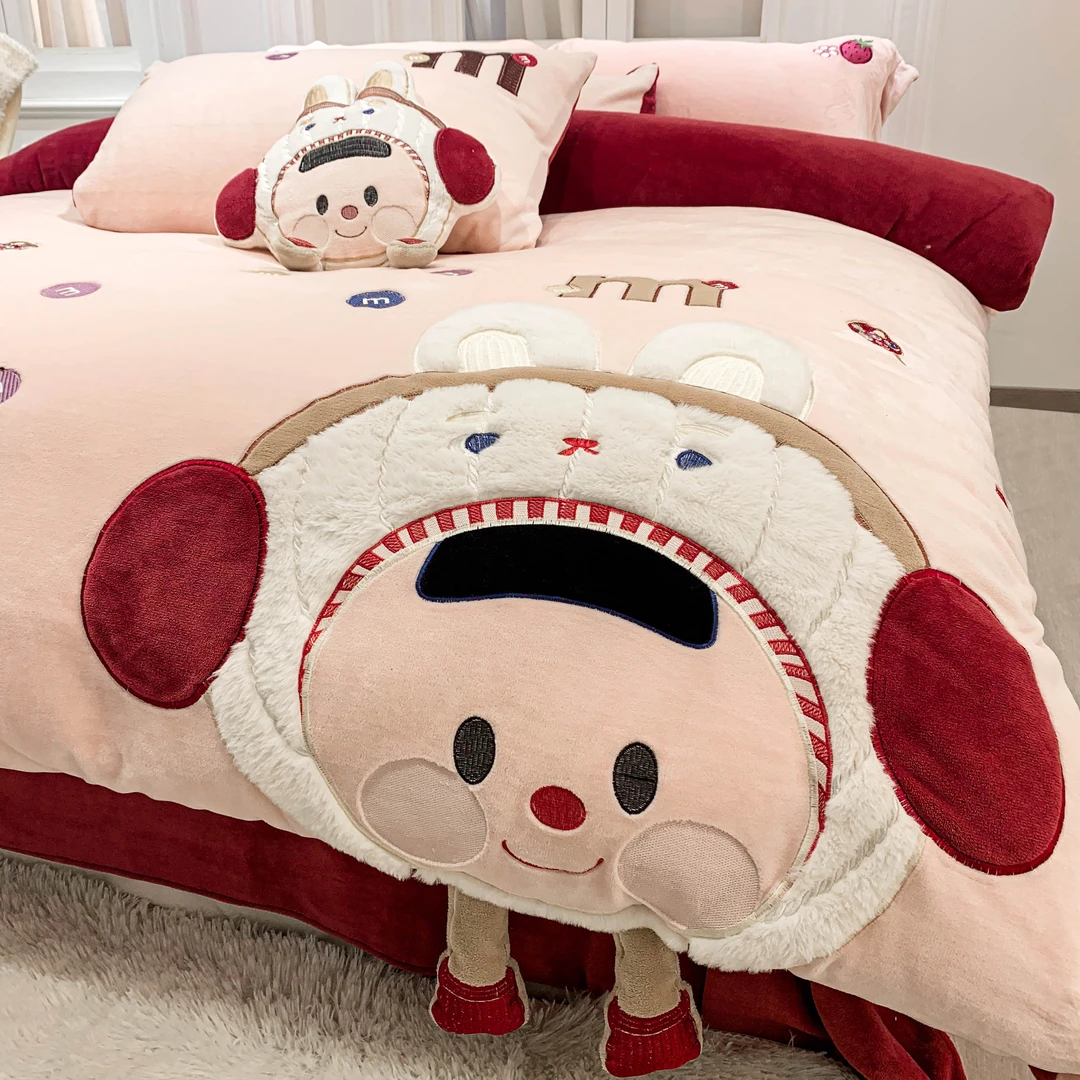 秋冬牛奶绒四件套双面绒新款儿童刺绣加厚被套床单床品三件套