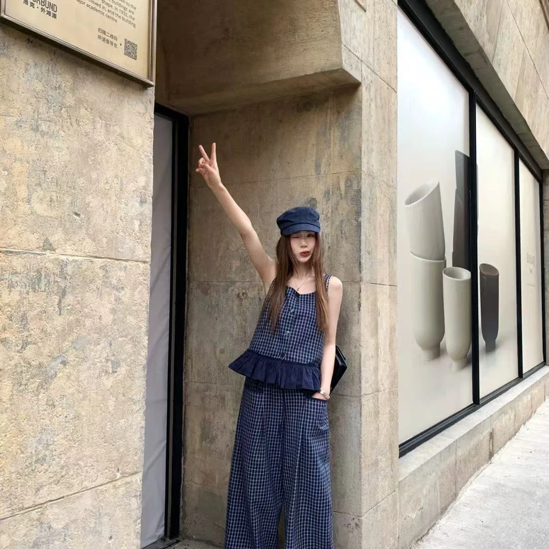 2025夏季新款大码女装韩系甜美风吊带格子上衣+阔腿裤三件套百搭