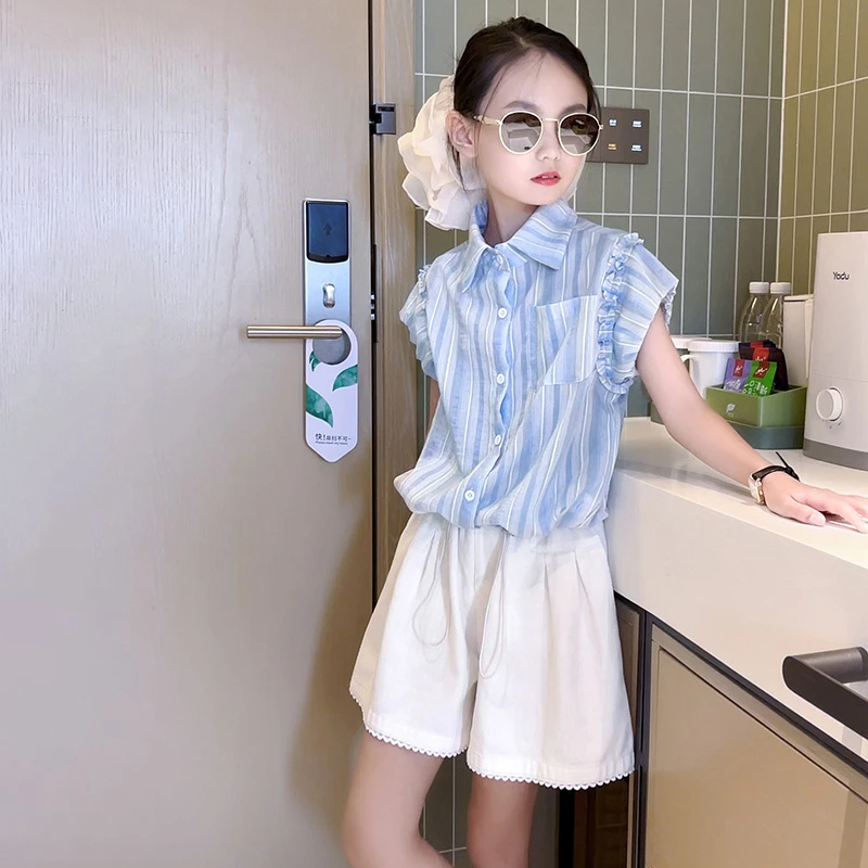 女童套装2025新款夏季中大童6-12岁女孩飞袖衬衫短裤两件套儿童装