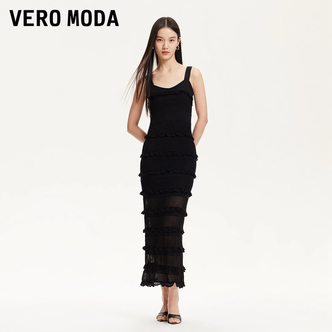 Vero Moda连衣裙2025春季新款蕾丝荷叶边镂空织布小黑裙洋气