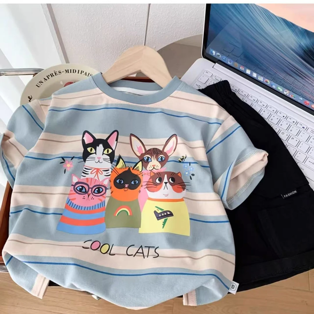 儿童短袖T恤2025夏新款男女童薄款休闲上衣宝宝卡通条纹半袖T透气