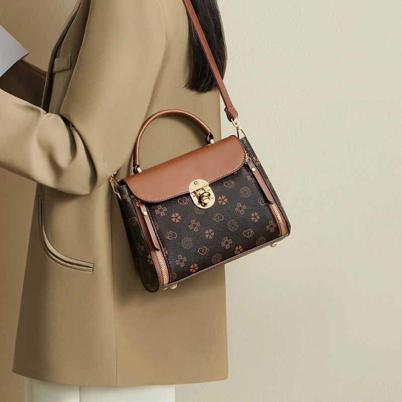 REDDRAGONFLY/红蜻蜓手提式单肩夹层拉链斜挎包女士印花轻奢撞色