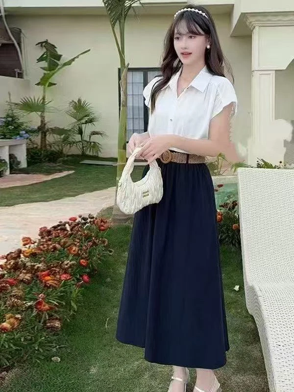 2025夏季新款时尚气质显瘦百搭拼接衬衫女洋气减龄别致套装裙