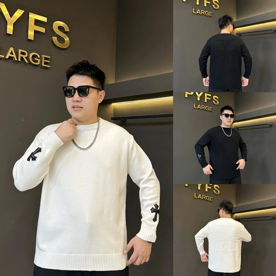 胖语大码男装 2025秋冬新款百搭重工拼皮绣潮牌针织毛衣79056#S