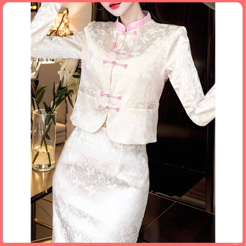 秋季气质优雅中国风连衣裙醋酸提花旗袍上衣两件套装裙包臀半身裙