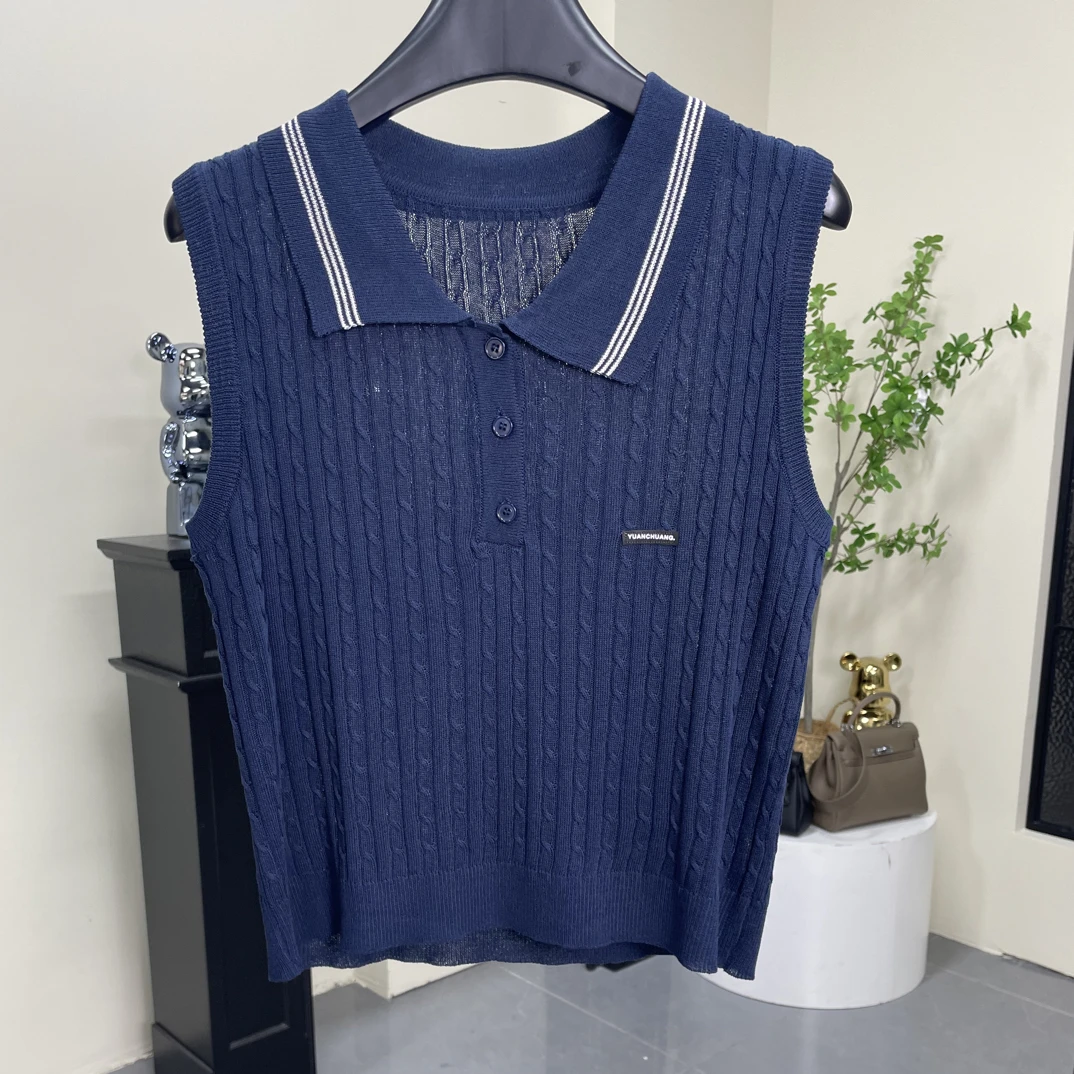 薄款套头款无袖翻领针织衫