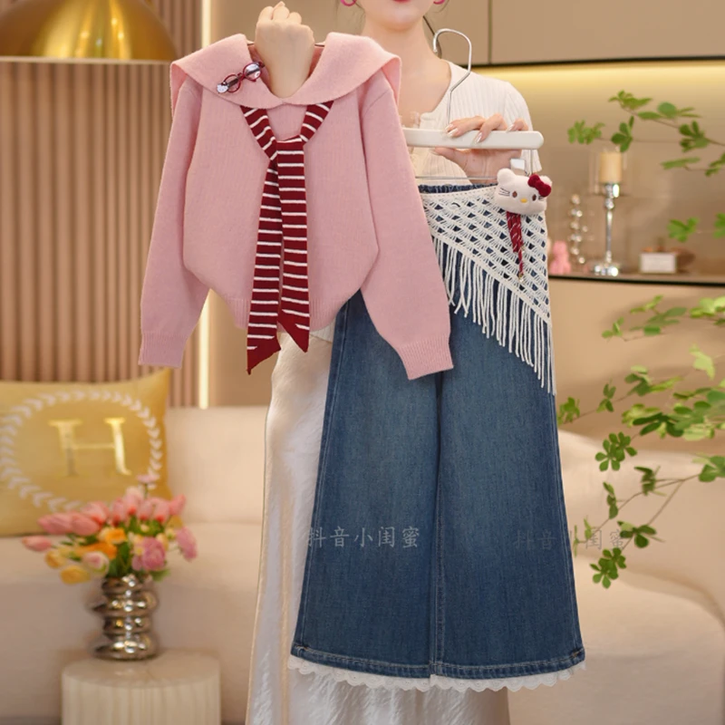 【闺蜜家】女童秋季2025新款时尚甜美翻领针织毛衣+牛仔裤套装-8791