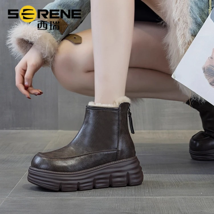 西瑞真皮加绒雪地靴女秋冬爆款厚底短靴新款洋气百搭阔腿裤必备鞋