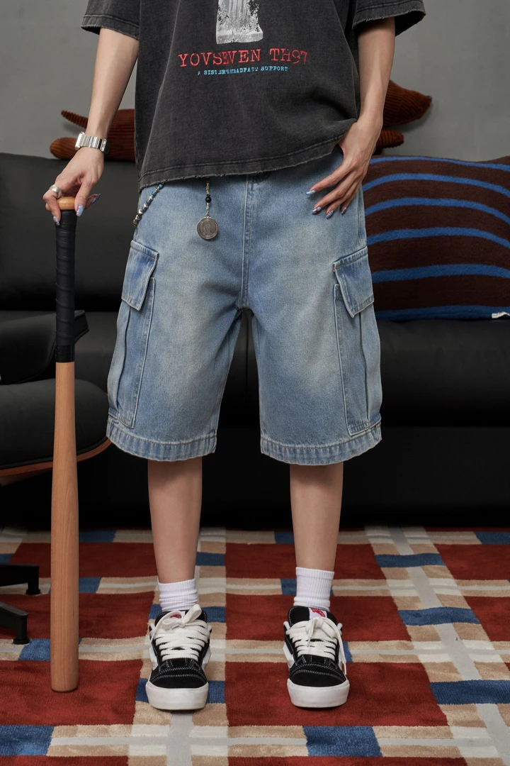 杨九七 夏季美式复古水洗五分裤宽松休闲短裤中性街头阔腿裤 7574