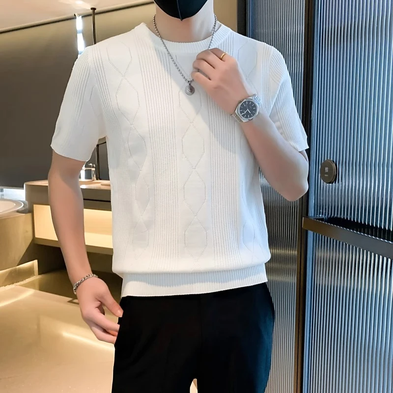 夏季男士潮流收腰短袖t恤打底衫薄款针织修身圆领休闲半袖冰丝ins