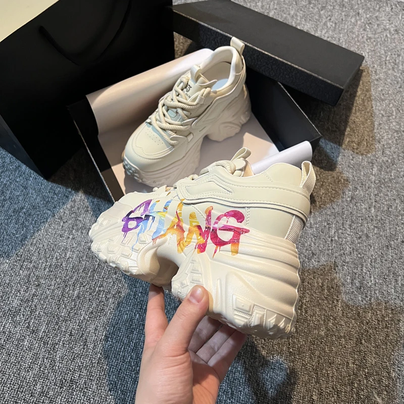 真皮内增高涂鸦老爹鞋女2025春季新款百搭内增高休闲小众款运动鞋