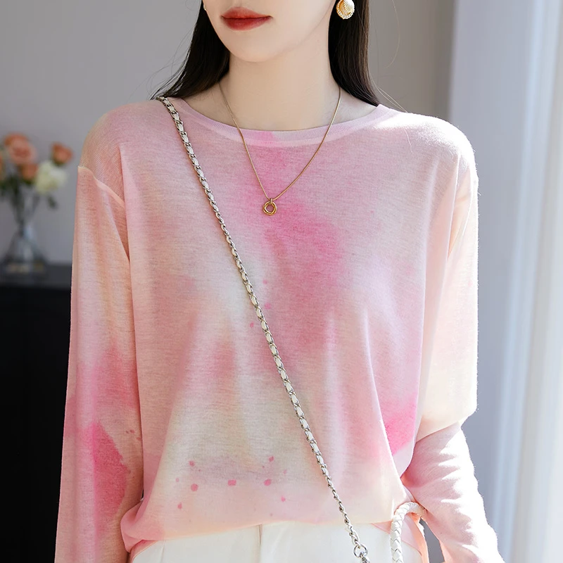 2025春夏新款圆领套头时尚印花长袖防晒衫女休闲减龄轻薄透气百搭