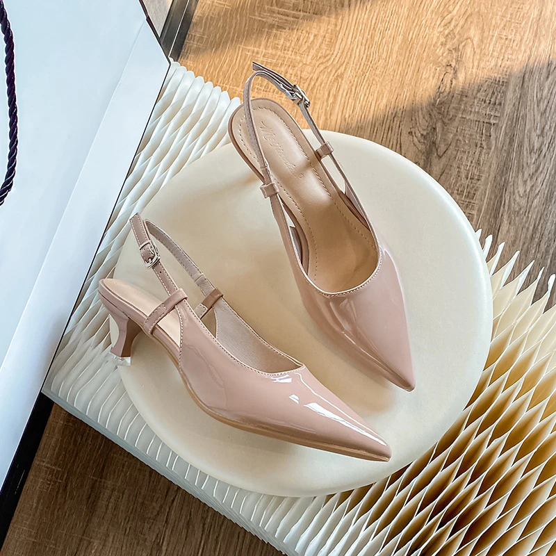 一字式扣带夏季百搭尖头细跟高跟鞋韩版浅口网红气质细跟性感裸色