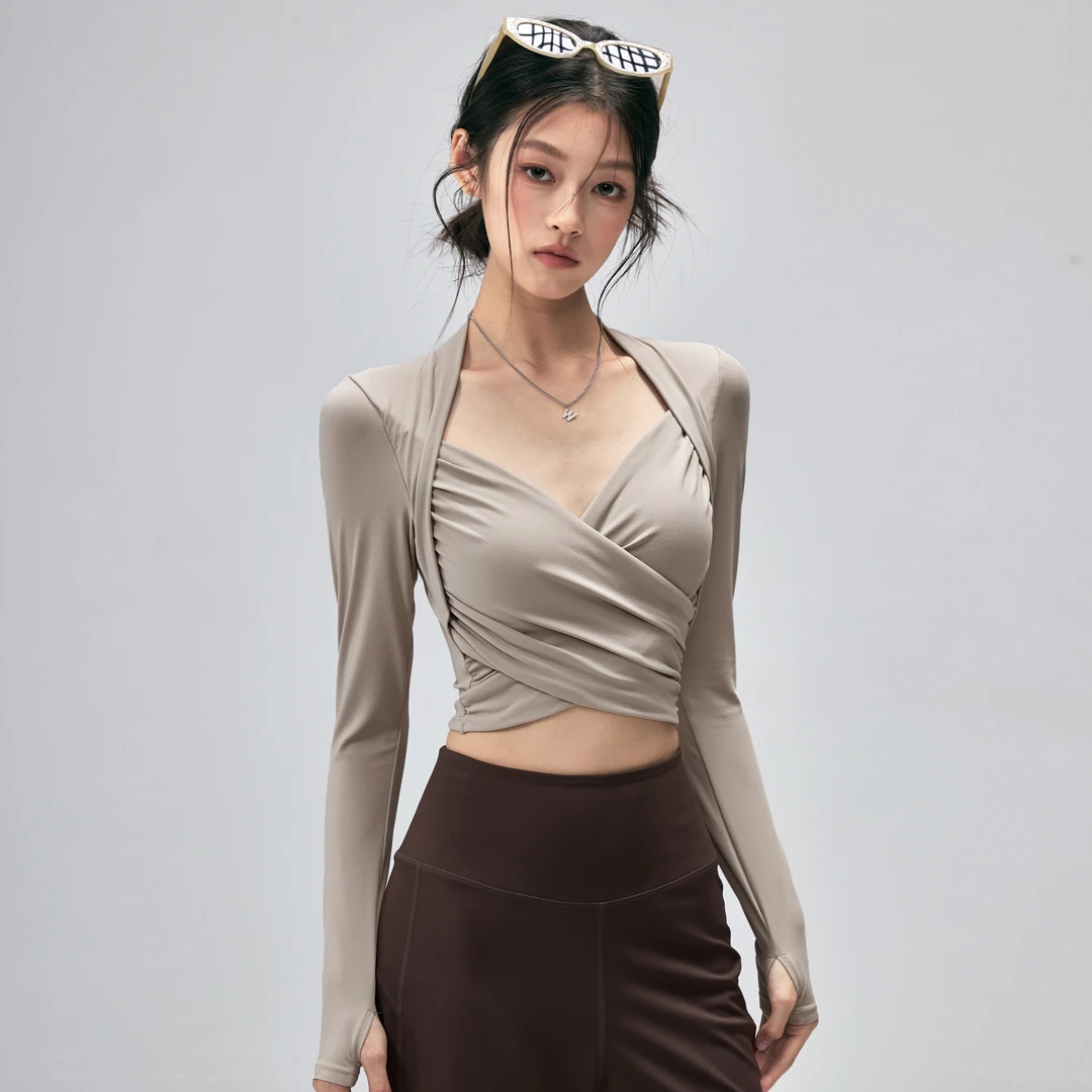 岚纹含胸垫瑜伽服女紧身显瘦跑步运动长袖高级普拉提训练健身上衣