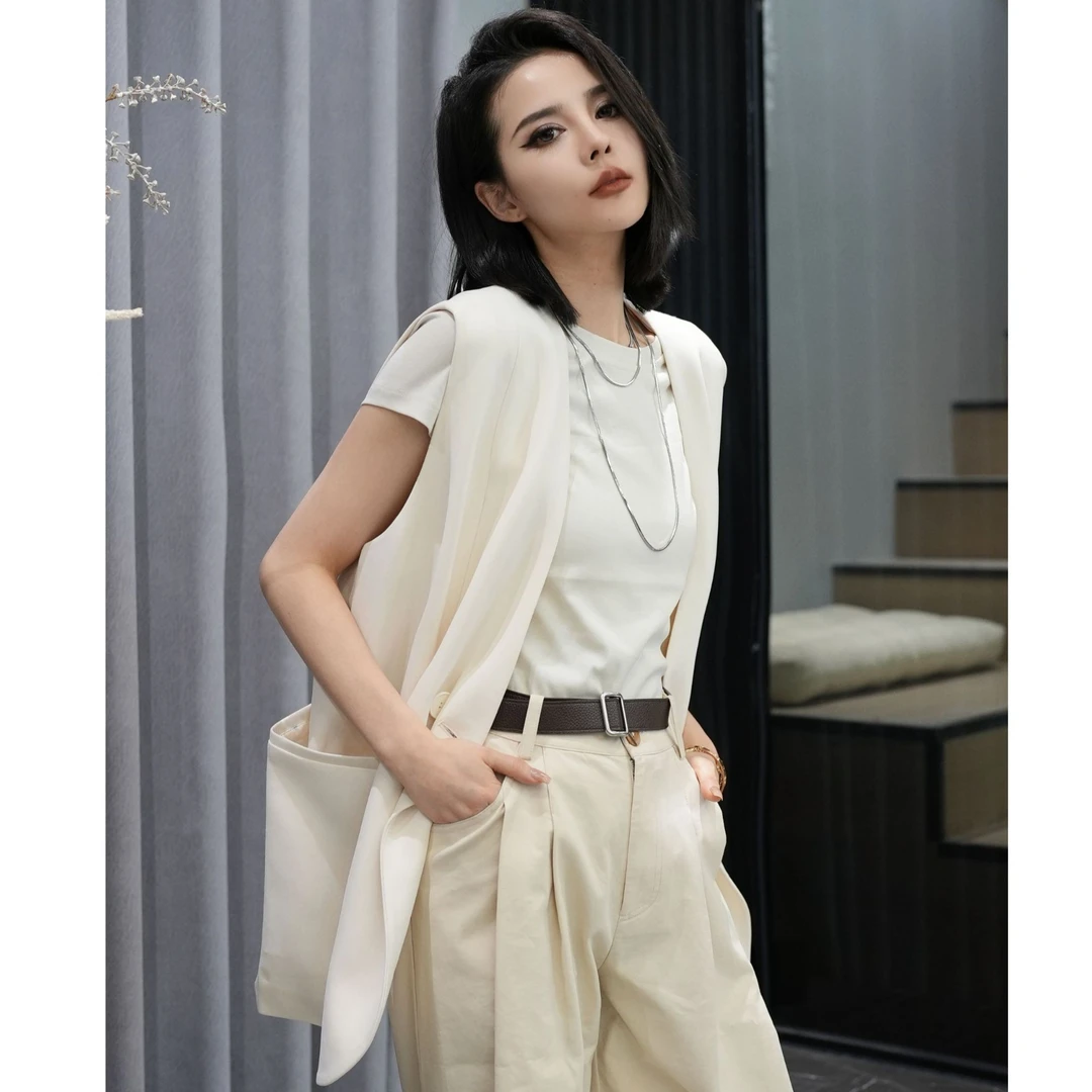 POPULARYW【杏雨梨云】立体纽扣拼接时尚无袖百搭通勤春游马甲