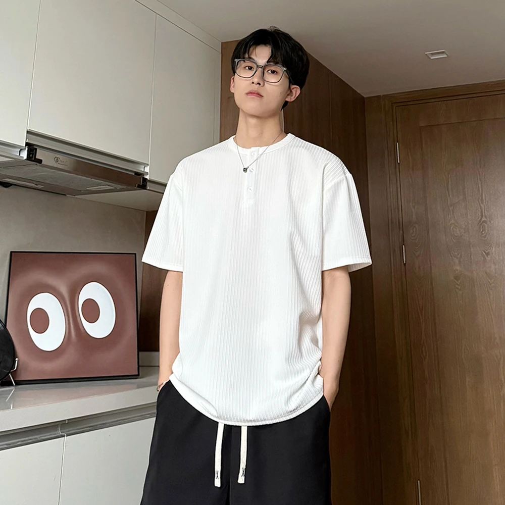 夏季亨利老钱风短袖潮流宽松休闲简约透气体恤衫半袖T恤衬衫男女