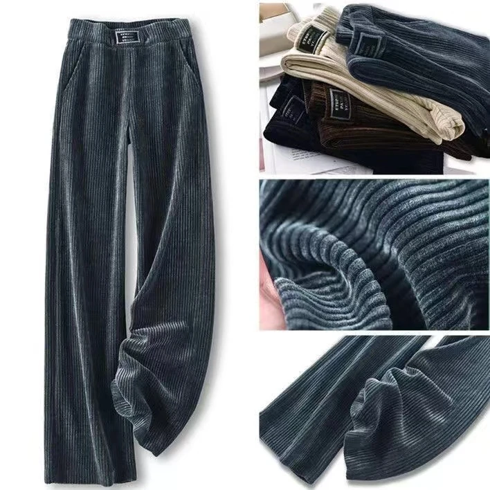 【反季清货】加绒加厚条纹灰色窄版直筒裤保暖显瘦休闲裤
