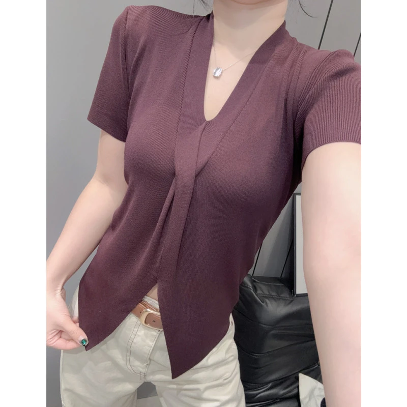 下摆开叉冰丝针织衫短袖女独特别致气质修身V领不规则上衣夏欧货