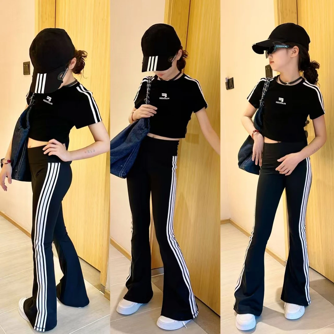 少儿形体训练服女孩模特走秀套装新款喇叭裤爵士舞服装紧身瑜伽裤