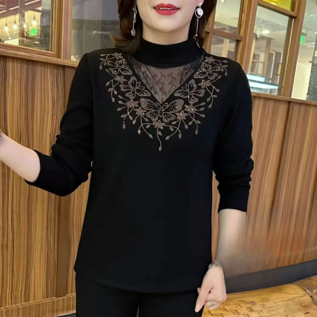 洋气打底衫女2026秋气质半高领镂空烫钻显瘦百搭小衫