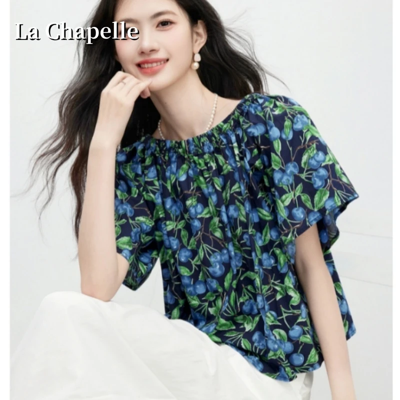 拉夏贝尔蓝莓印花衬衫女设计感小众休闲一字肩上衣2025夏新款上衣