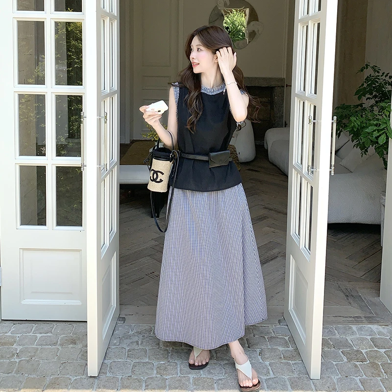 撞色格纹套装女2025夏季新款盐甜系chic木耳边拼接无袖上衣半身裙