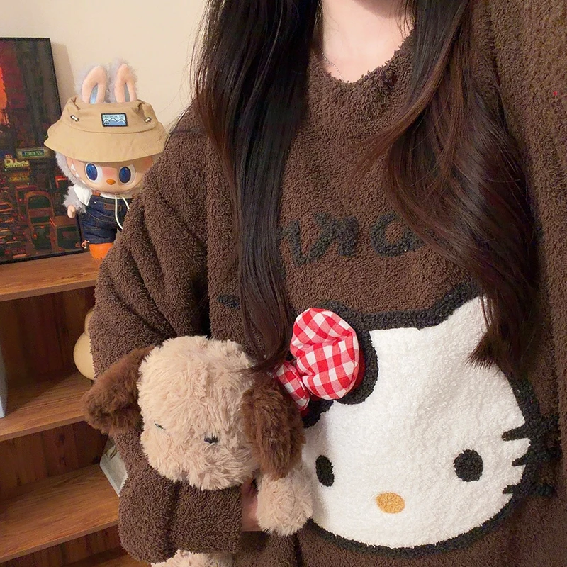 软绵绵摩卡棕kitty睡衣女士半边绒秋冬季长袖长裤加厚保暖家居服