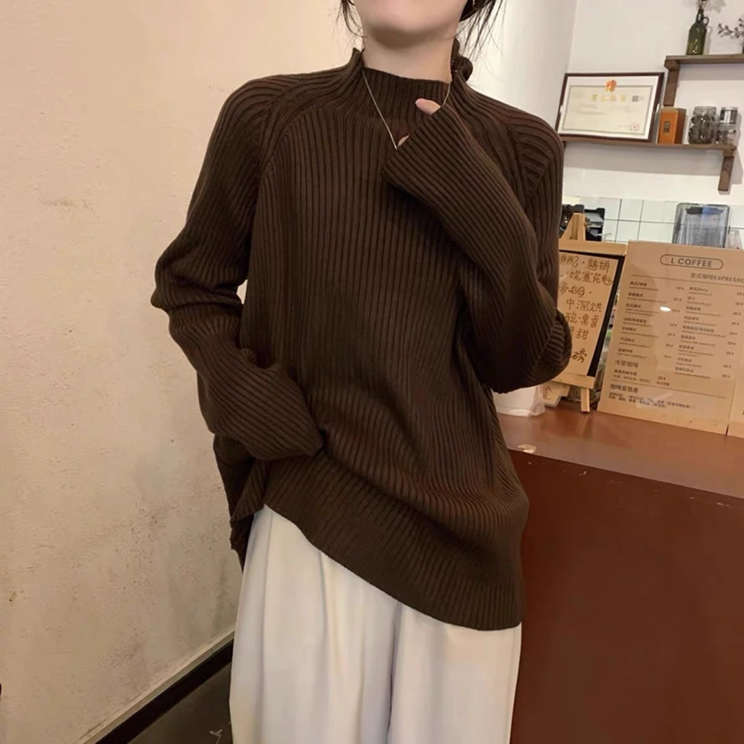 半高领坑条复古毛衣女2024秋冬宽松慵懒内搭上衣奶fufu打底针织衫