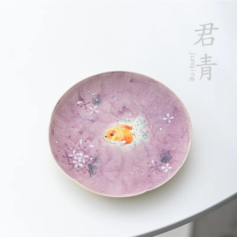 手绘金鱼紫鳞陶瓷壶承干泡台高颜值家用小型中式果盘功夫茶具配件