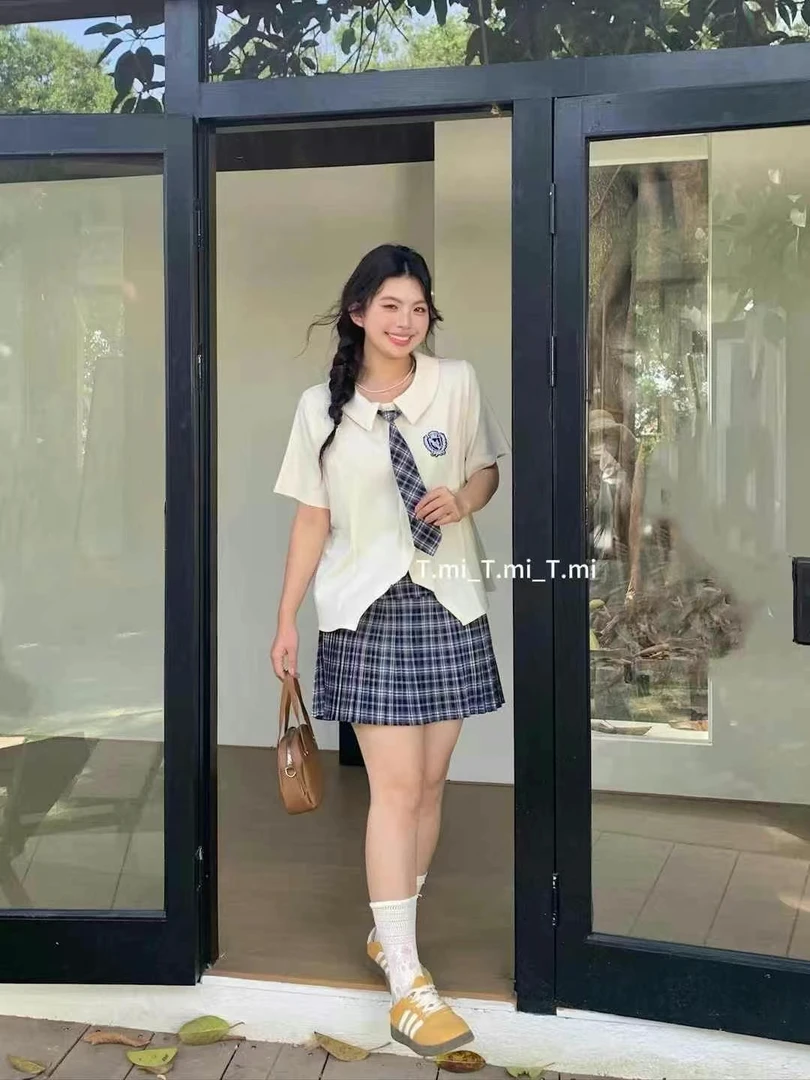 【TMI】领带格子短裙学院风套装时尚百搭大码女装夏季#625