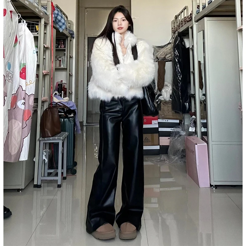 裤长112cm高个子加长超软pu皮裤阔腿裤女秋冬加绒高腰直筒微喇裤