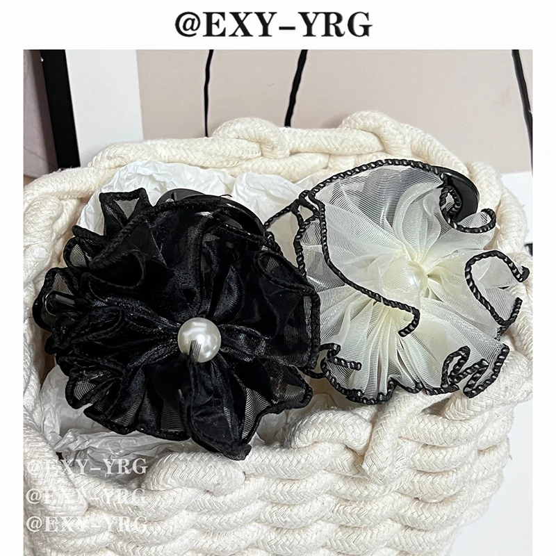 超仙网纱珍珠花朵抓夹森系花苞发夹女后脑勺盘发半扎发鲨鱼夹头饰