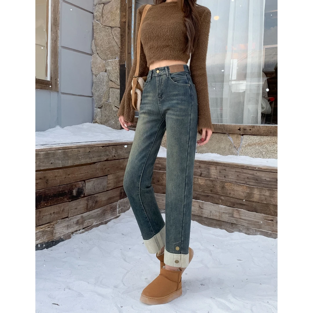 欧货时尚弹力开衩直筒牛仔裤纽扣修身烟管裤-3789